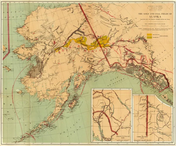 Vintage Pól Złota Węgla Mapie Miasta Alaski — Zdjęcie stockowe