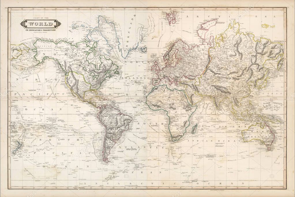 vintage world map with continents and islands