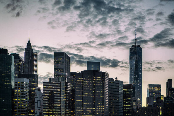 Iconic view of the New York skyline. Manhattan skyline at sunset in New York