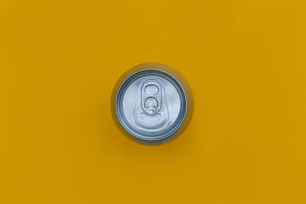 Silver Drinks Can Bright Yellow Background — Stock Photo, Image