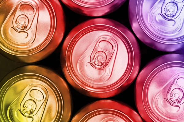 Color soda metal diet energy drinks cans top view background — 스톡 사진