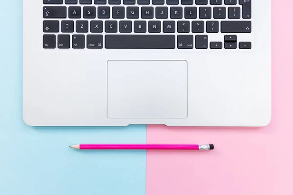 Working Home Minimal Office Laptop Computer Keyboard Pink Color Background Stock Photo