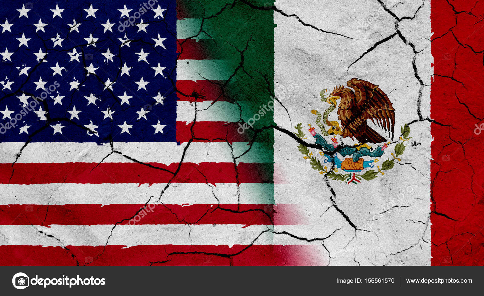 Bandera de Estados Unidos y México con textura de suelo seco