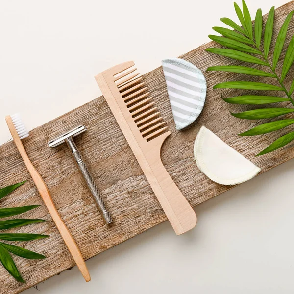 Zero waste beauty body care items. Bathroom essentials in sustainable lifestyle.