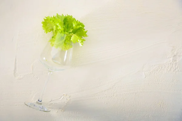Natural lettuce inside a wine glass on a white background.