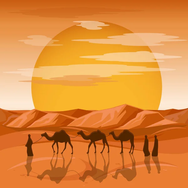 Caravan in desert vector background. Arab people and camels silhouettes in sands