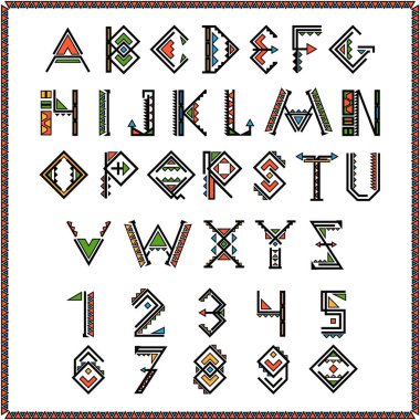 Native american indian font or mexican alphabet with numbers