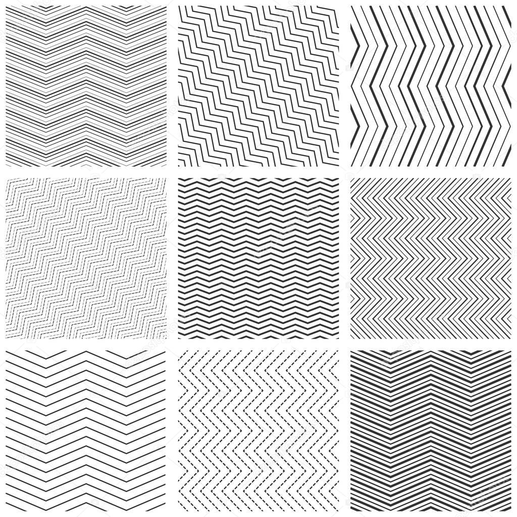 Zigzag seamless pattern set. Vector zig zag black simple line patterns
