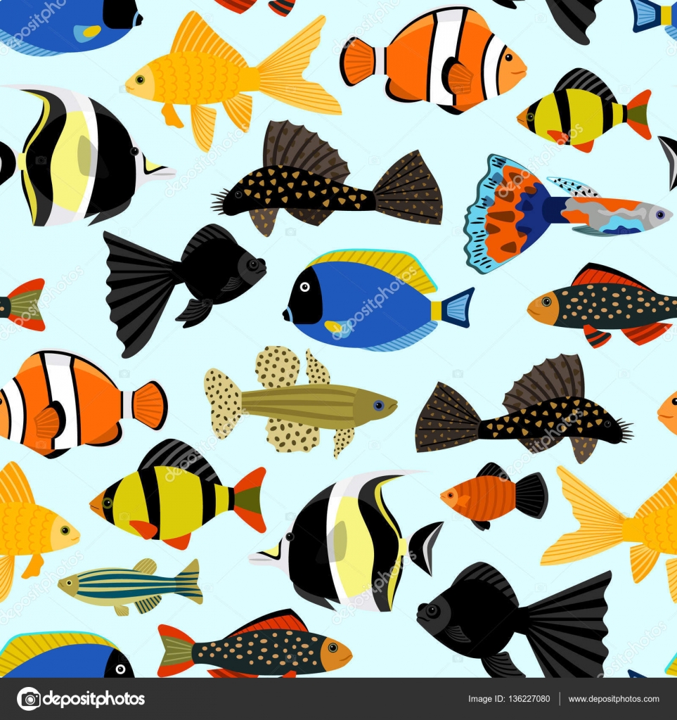 Reticolo senza giunte dei pesci Simpatico cartone animato acquario pesci animali schiena — Vettoriale Stock