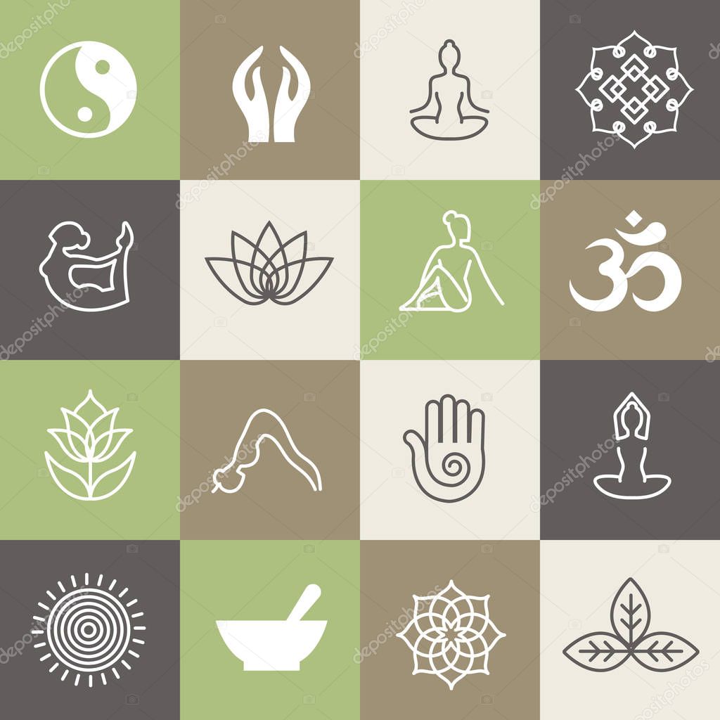 Yoga symbols Yoga symbols and poses for pilates studio or zen healthy relaxation meditation