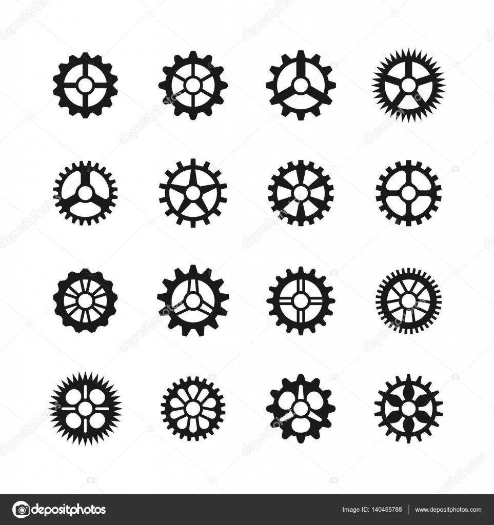 Gears icons. Vector clock gear set and transmission cogwheels isolated