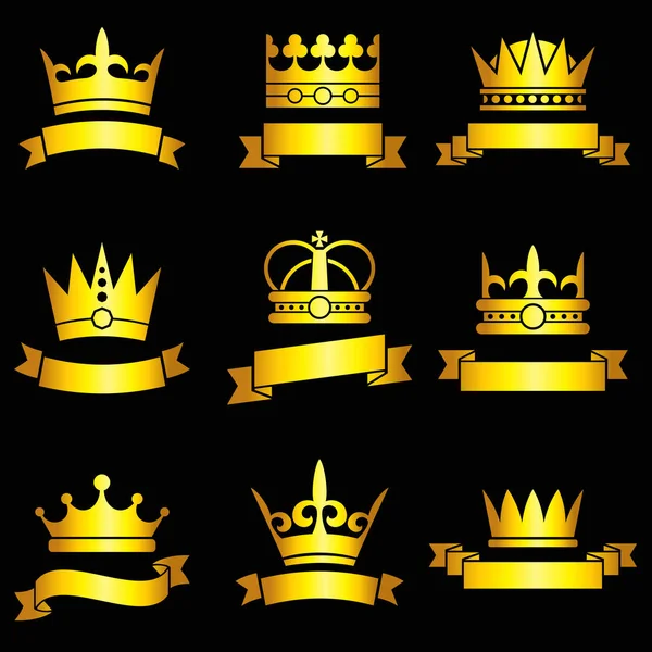 Medieval king tiaras, gold crowns and ribbon banner vector set Royalty Free Stock Vectors