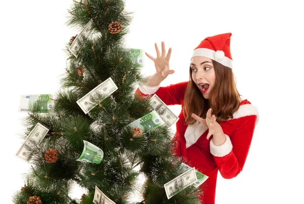 Beautiful smiling woman with money fir tree — Stock Photo, Image