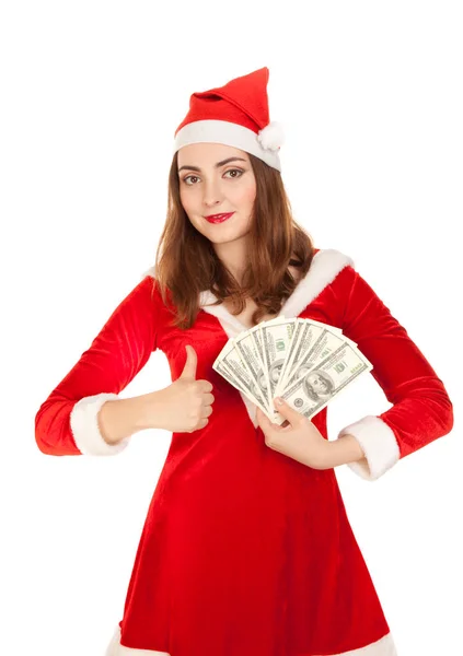 Mulher bonita segurando um monte de dinheiro isolado em branco — Fotografia de Stock