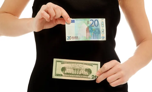 Mujer sosteniendo diferentes billetes aislados en blanco —  Fotos de Stock