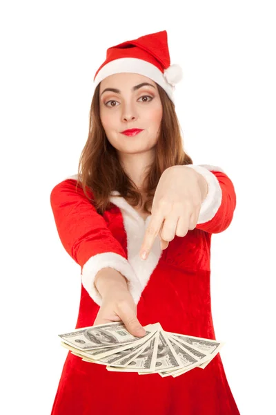 Beautiful woman holding dollars isolated on white (focus on doll — Stock Photo, Image