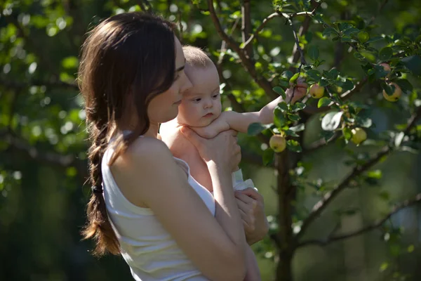Жінка і дитина з яблунею — стокове фото