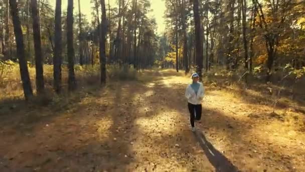 Girl running in the sunny morning forest. Sport — Stock Video