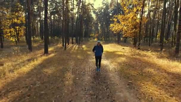 Un hombre corriendo en el bosque matutino. Deporte — Vídeo de stock