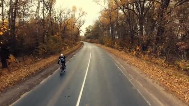 Молодой велосипедист на велосипеде по дороге с живописным осенним лесом — стоковое видео