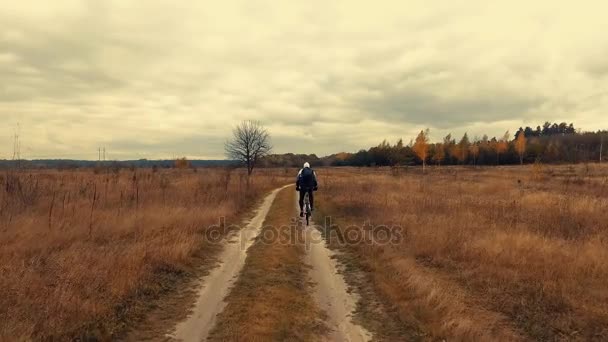 Młody rowerzysta na rowerze na polnej drodze pola — Wideo stockowe