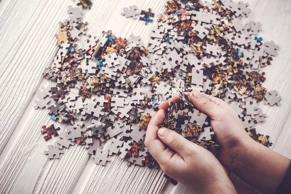 Pieces of a puzzle in a hands — Stock Photo, Image