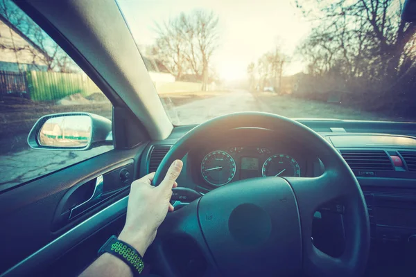 Armaturenbrett Und Lenkrad Mit Der Hand Auto Reisekonzept — Stockfoto