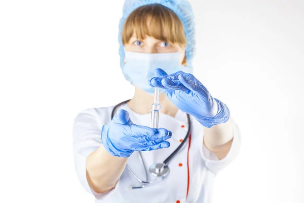 Female Doctor White Coat Mask Experimental Medicine Her Hands Studio — Stock Photo, Image