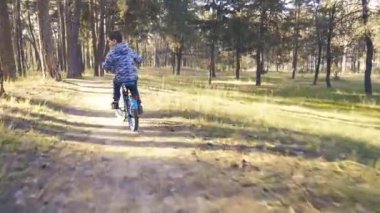 Ormanda bisikletle gezen mutlu çocuk..
