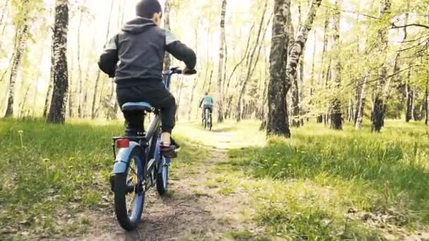 Happy garoto ciclista com sua mãe passeios na floresta em uma bicicleta de montanha . — Vídeo de Stock