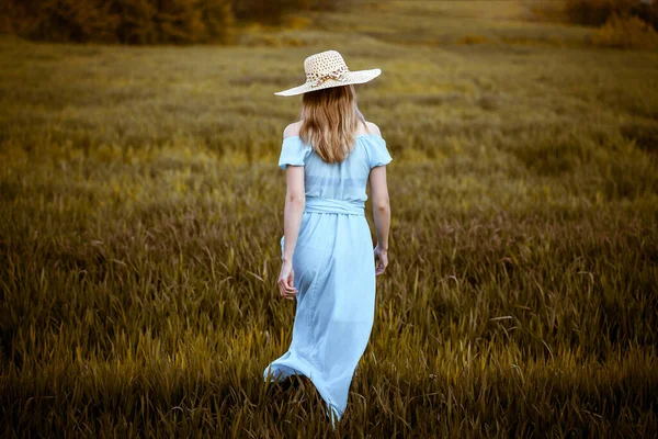 Молодая женщина стоит на пшеничном поле с восходом солнца на заднем плане — стоковое фото