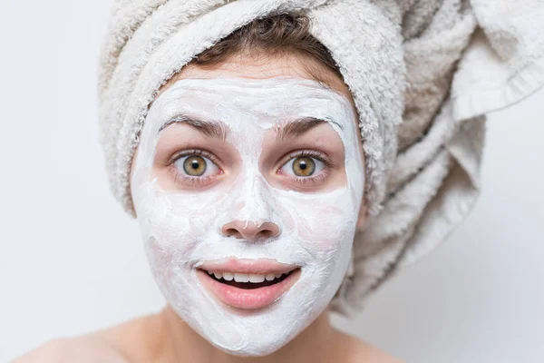 Beautiful Woman Shower Towel Her Head Cream Face — Stock Photo, Image