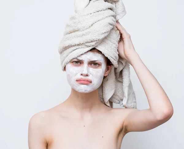 Beautiful Woman Shower Towel Her Head Cream Face — Stock Photo, Image