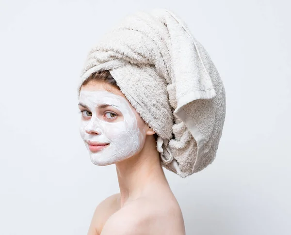 Beautiful Woman Shower Towel Her Head Cream Face — Stock Photo, Image