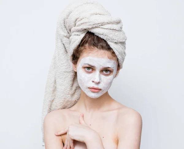 Beautiful Woman Shower Towel Her Head Cream Face — Stock Photo, Image