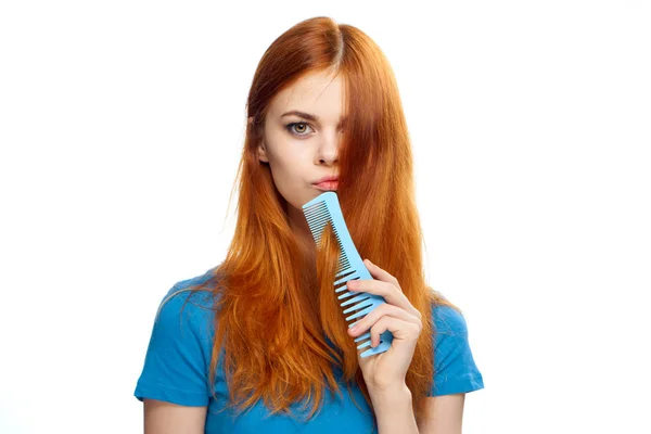 Young Red Haired Woman Holding Comb Isolated Background Portrait — Stock Photo, Image