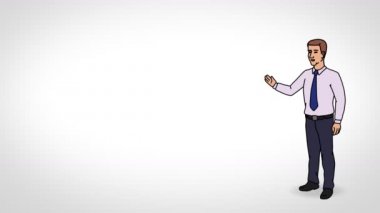 Animasyon karakter patron ya da Yöneticisi tam büyüme anlamına gelir ve der ki, düzgün kontur. Beyaz arka plan. İlmekledi animasyon.