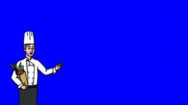 Animasyonlu karakter Şef veya aşçı ön planda anlamına gelir ve der ki, eğri dağılımı. Mavi ekran - Chroma key. İlmekledi animasyon.