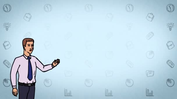 Animierte Charakter Chef oder Manager steht im Vordergrund und sagt, Kurvenkontur. blauer Hintergrund. Animationsschleife. — Stockvideo