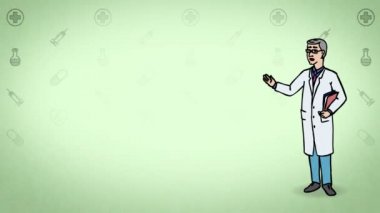 Animasyon karakter doktor ya da sağlık görevlisi tam büyüme anlamına gelir ve der ki, eğri dağılımı. Yeşil arka plan. İlmekledi animasyon.