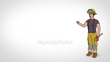 Animasyon karakter itfaiyeci ya da kurtarıcı tam büyüme anlamına gelir ve der ki, düzgün kontur. Beyaz arka plan. İlmekledi animasyon.