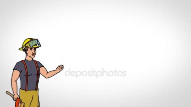 Animasyon karakter itfaiyeci ya da kurtarıcı ön planda anlamına gelir ve der ki, düzgün kontur. Beyaz arka plan. İlmekledi animasyon.