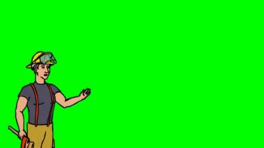 Animasyon karakter itfaiyeci ya da kurtarıcı ön planda anlamına gelir ve der ki, eğri dağılımı. Yeşil ekran - Chroma key. İlmekledi animasyon.