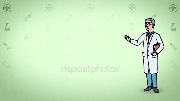Der animierte Charakterarzt oder Sanitäter steht in vollem Wachstum und sagt: Kurvenkontur. Grüner Hintergrund. Animationsschleife. — Stockvideo
