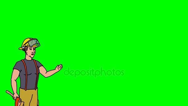 Geanimeerde karakter brandweerman of hulpverlener op de voorgrond staat en zegt, soepele contour. Groene scherm - Chromakey. Animatie lus. — Stockvideo