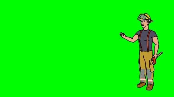 Animated Character Fire fighter or Rescuer stands in full growth and says, curve contour. Green screen - Chroma key. Animation looped. — Stock Video