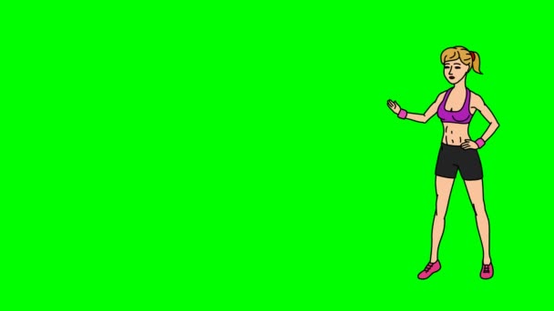 Анімований персонаж спортсменка або спортсмена стоїть у повний ріст і каже, гладкою контур. Зелений екран - Chroma key. Анімація петельні. — стокове відео