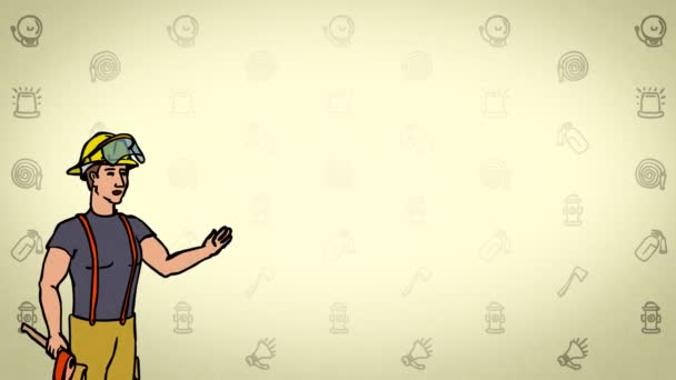 Animated Character Bombeiro ou Rescuer fica em primeiro plano e diz, contorno curva. Fundo amarelo. Animação em loop . — Vídeo de Stock