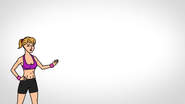 Animerade karaktär idrottskvinna eller idrottsman står i förgrunden och säger, slät kontur. Vit bakgrund. Animation som loopas. — Stockvideo
