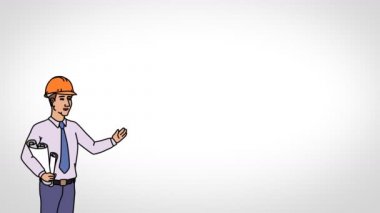 Animasyon karakter Oluşturucu ya da mimar ön planda anlamına gelir ve der ki, düzgün kontur. Beyaz arka plan. İlmekledi animasyon.